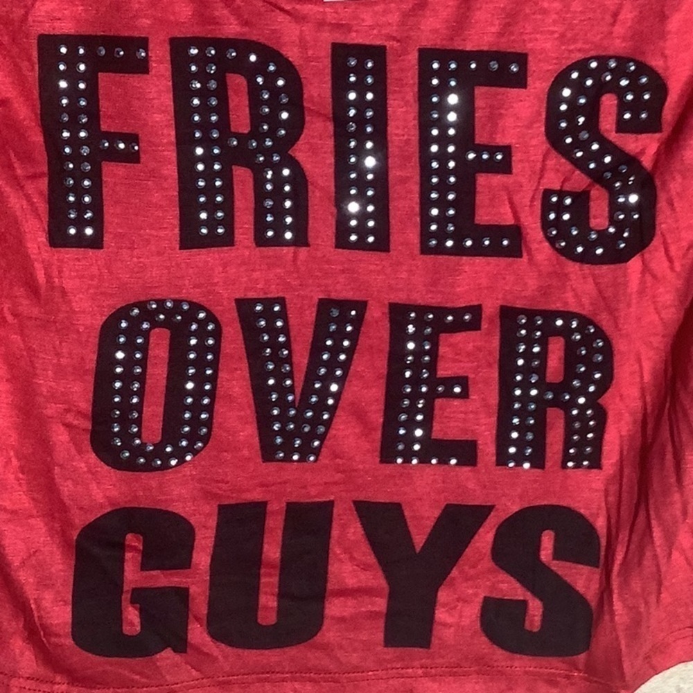Blush NEW - Sz XL - cropped super soft TEE “ Fries Over Guys “ rhinestone - Picture 2 of 5